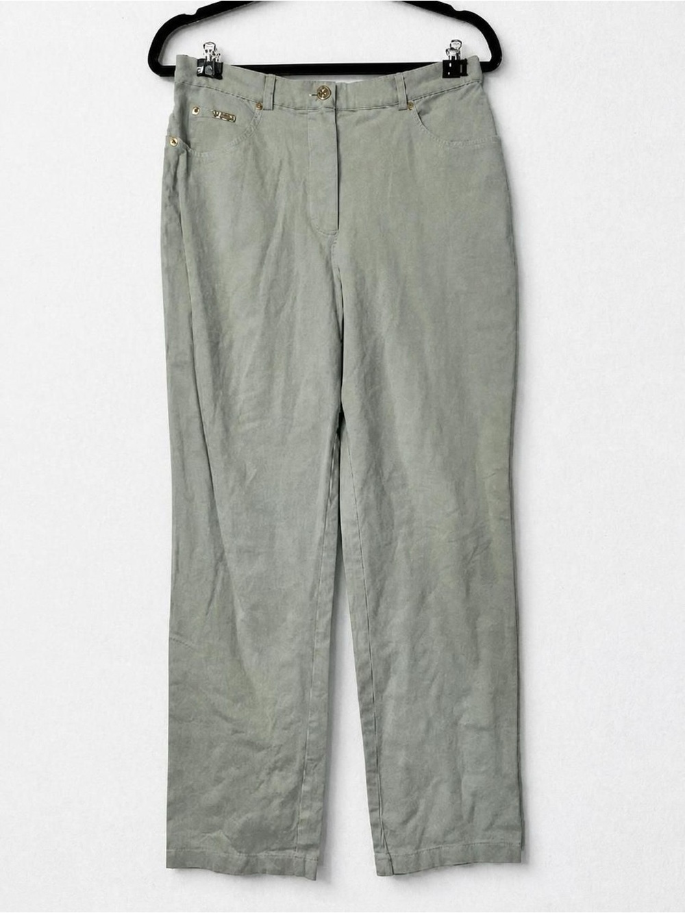 St. John Light Sage Green Pocket Top with Gold Hardware